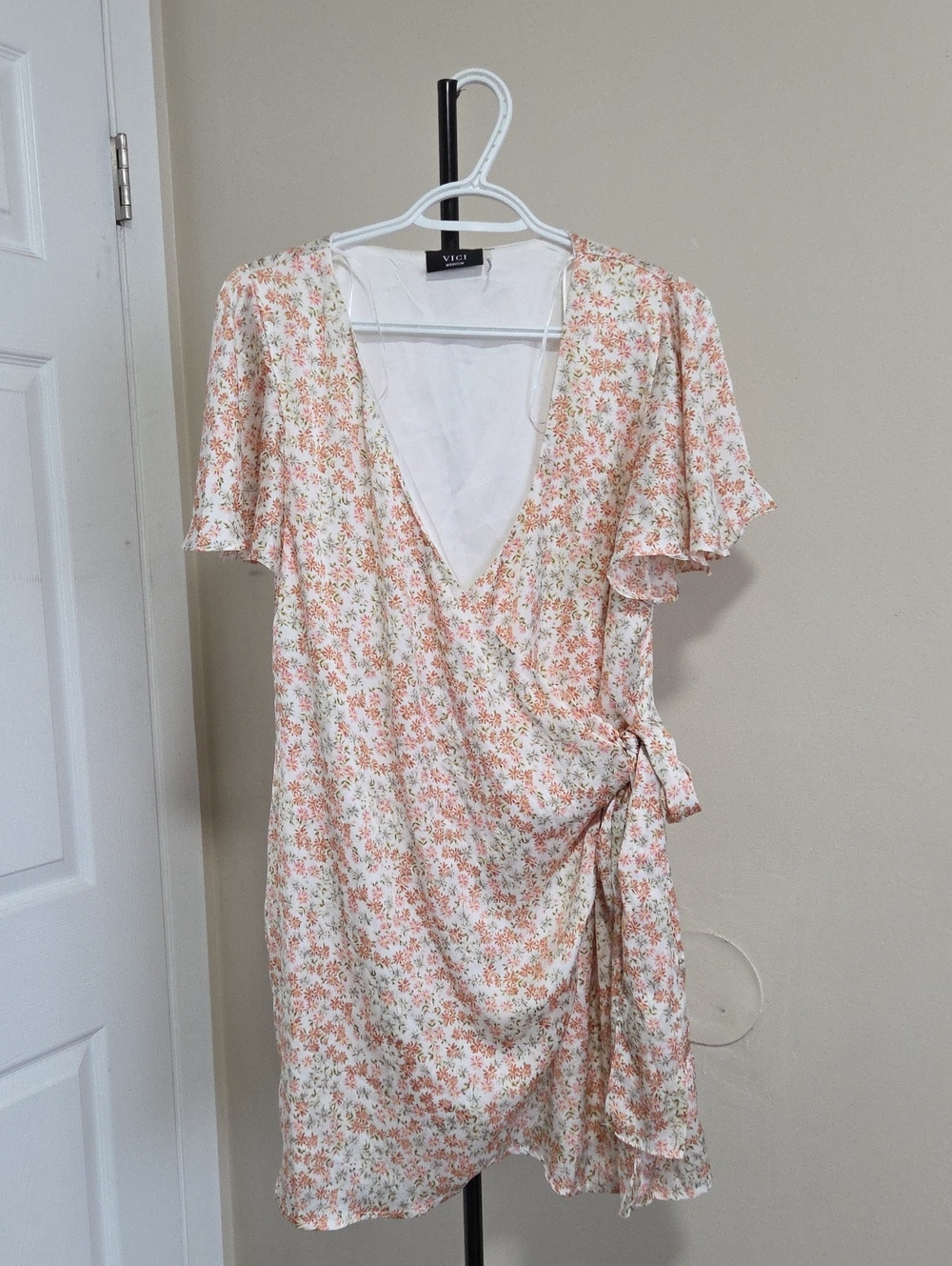 VICI Peach and Cream Floral Wrap Dress